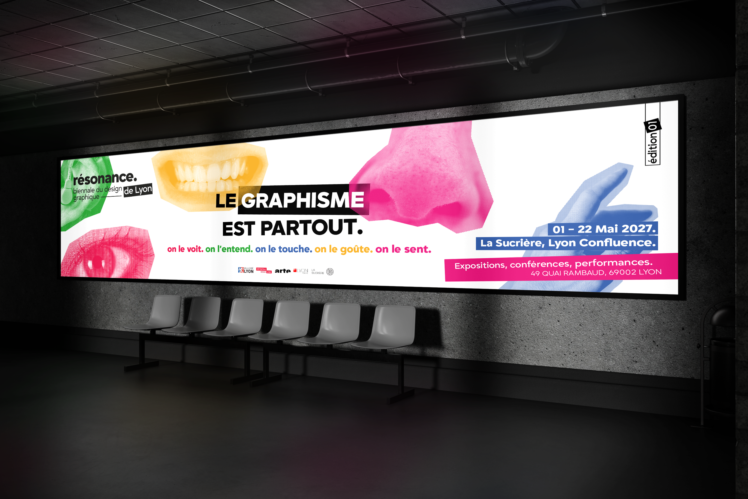 Affiche publicitaire pour une exposition sur le graphisme, montrant des images en couleur de différentes parties du corps humain (dents, œil, nez, main), avec texte en français indiquant la date, le lieu et les activités de l'événement.