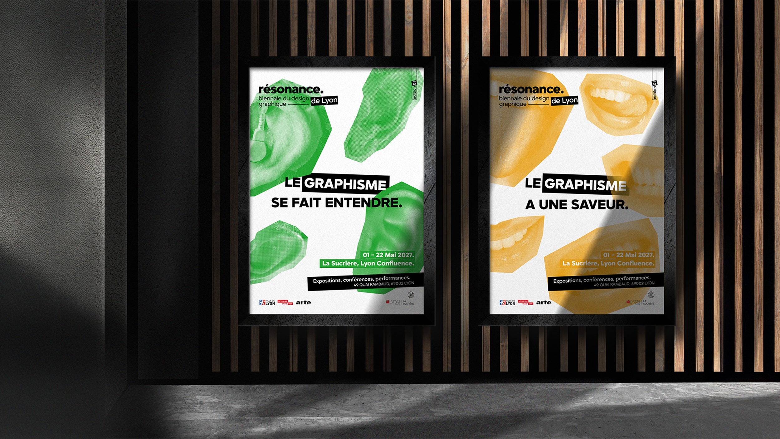 Deux affiches pour la biennale du design graphique à Lyon, l'une verte avec des formes géométriques, l'autre jaune avec des images de lèvres et dents.