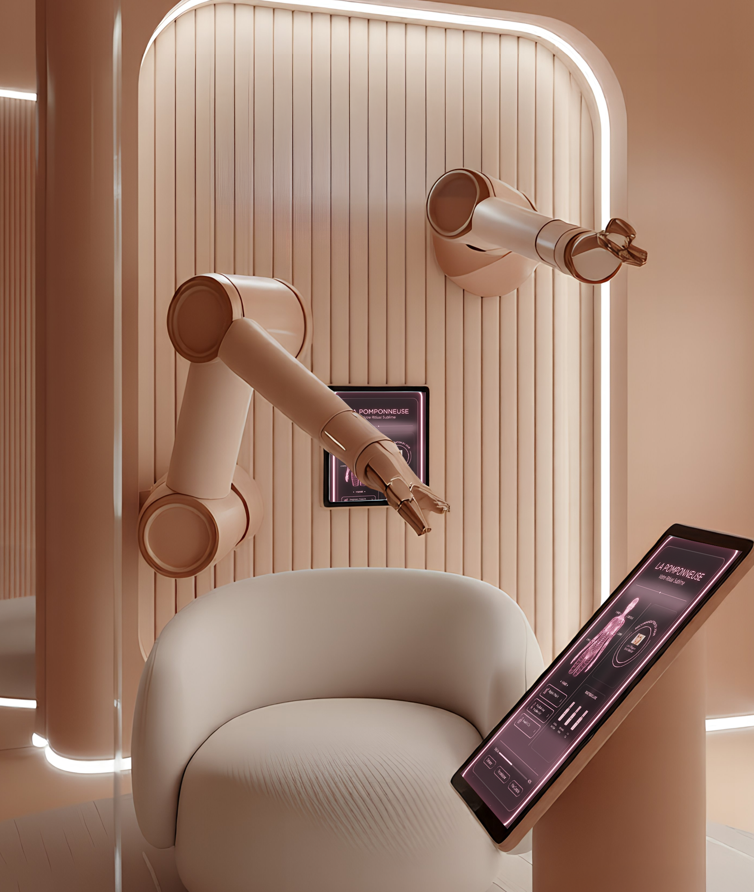 Une salle avec deux bras robotisés roses, un fauteuil blanc, deux écrans tactiles affichant des informations cosmétiques, et un fond en bois clair avec éclairage intégré.