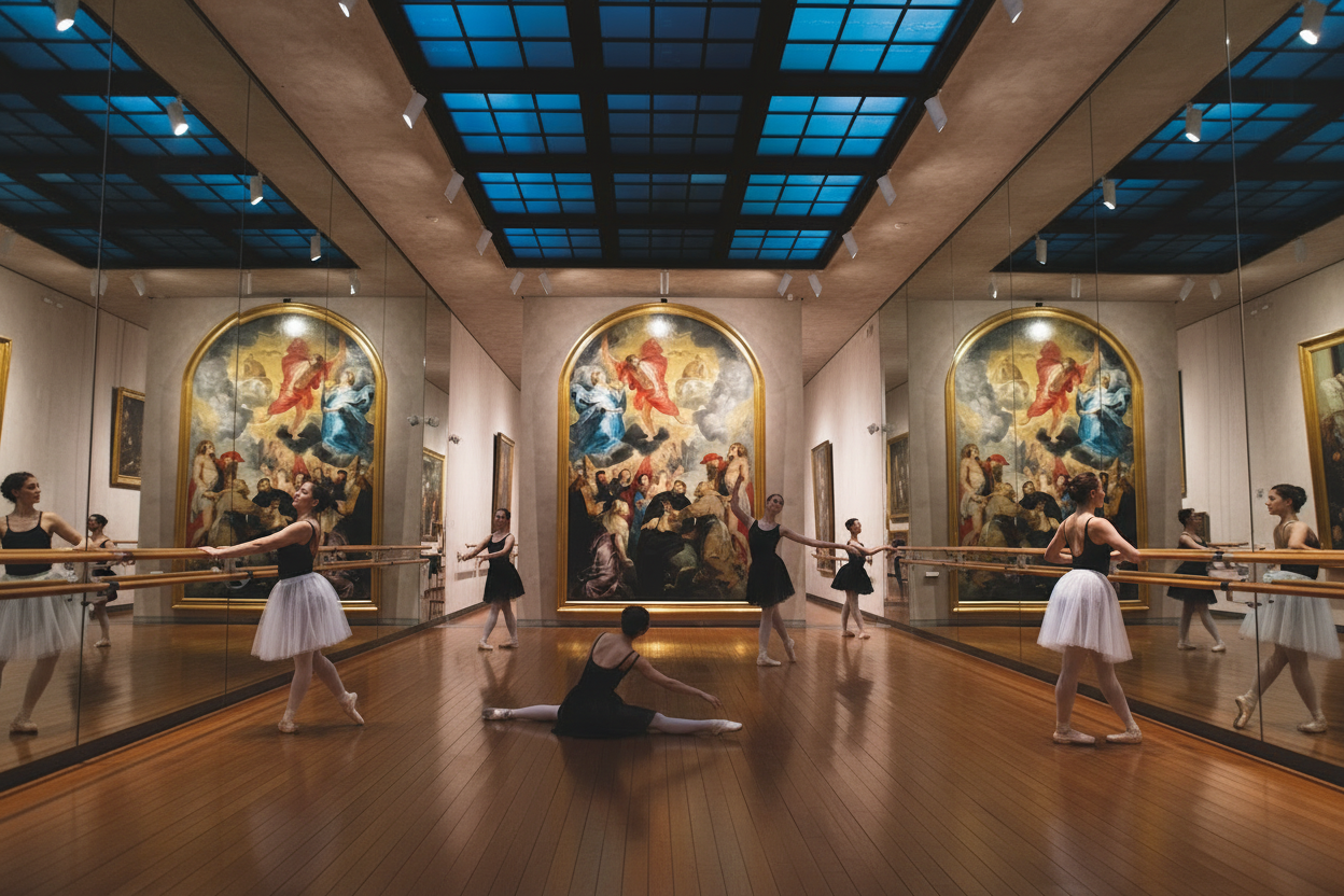 Ballet dans un studio avec miroirs et grands tableaux religieux en arrière-plan.