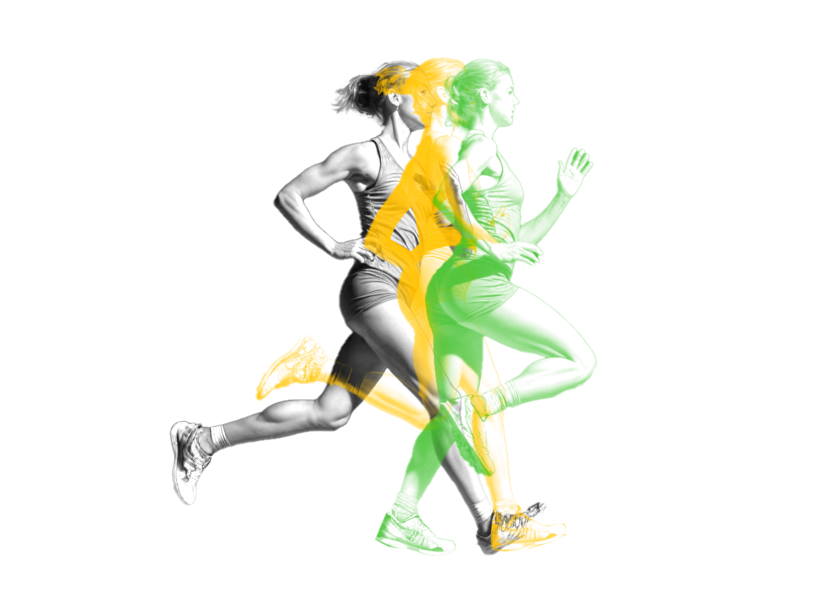 Une illustration de deux femmes en mouvement, au style dynamique, dans des couleurs jaune et vertes, avec un fond noir.