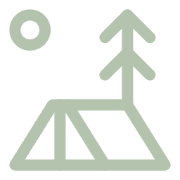 A stylized mountain landscape with a sun or moon in the sky.