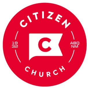 Red circular logo for Citizen Church with black text and a flag icon with a letter C in the center.