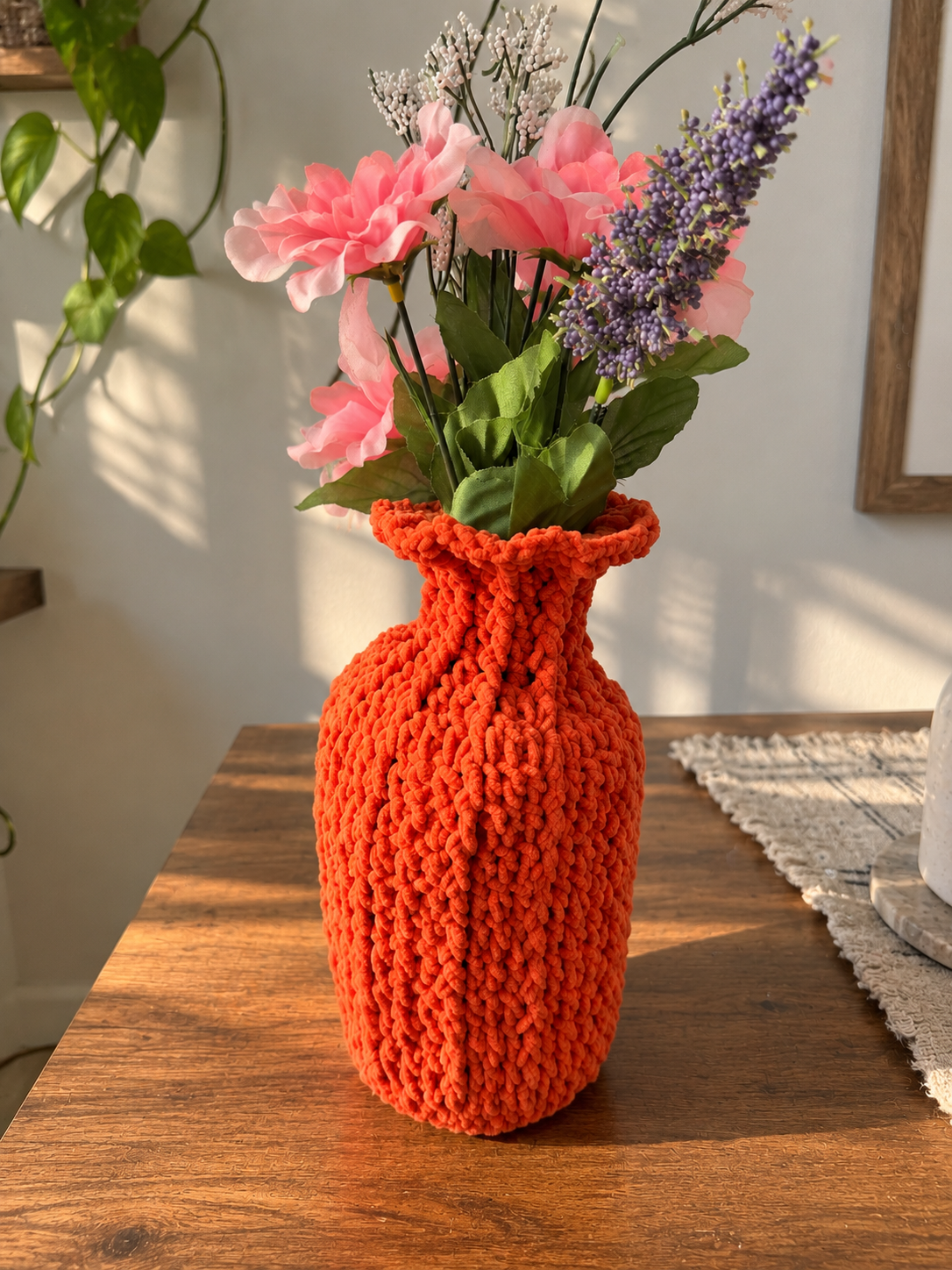Handmade Crocheted Vase - Vibrant Orange