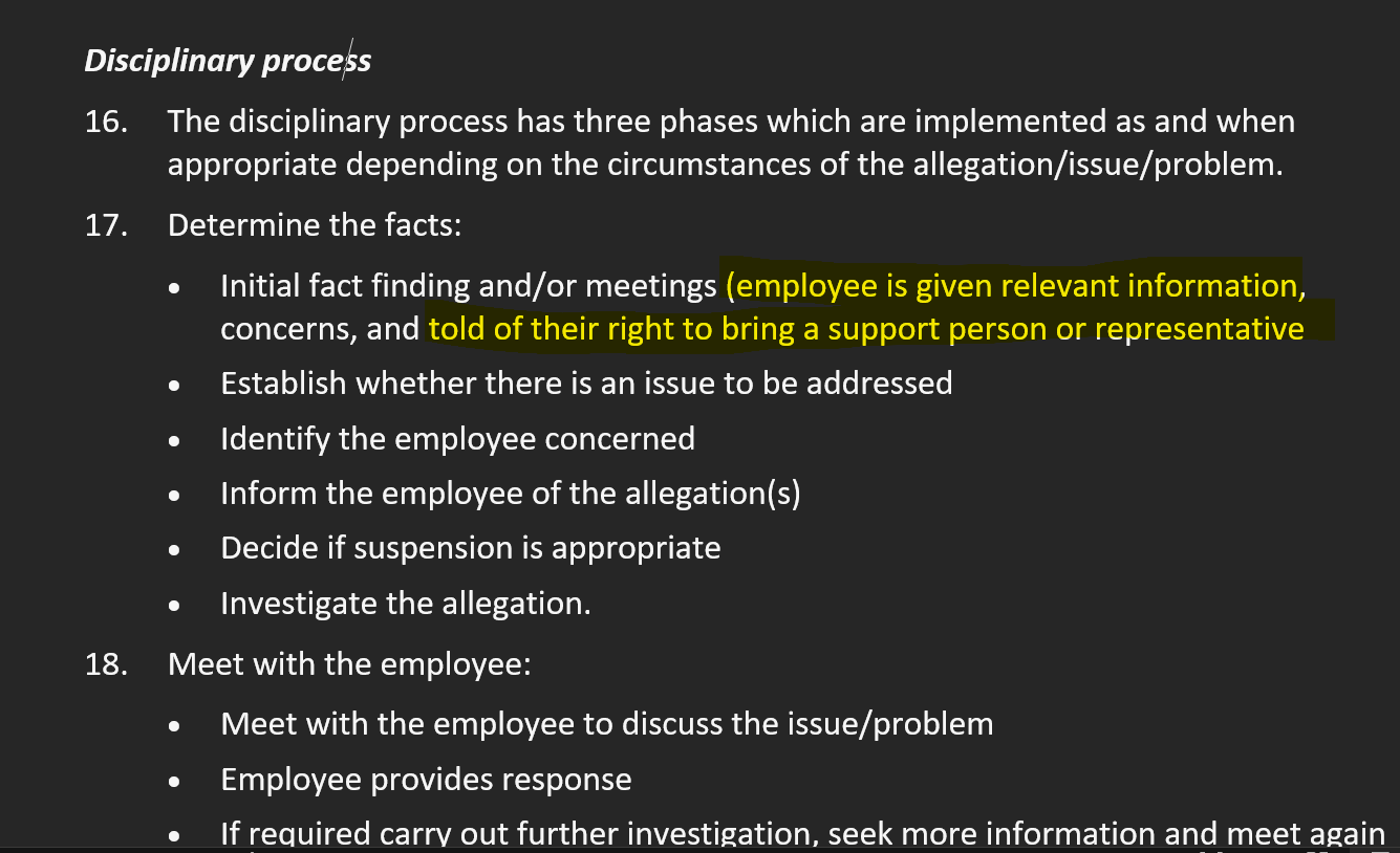 The image has screenshot of Disciplinary Policy from the Department of Internal Affairs which highlights the employee's right to have support person or representative in a meeting