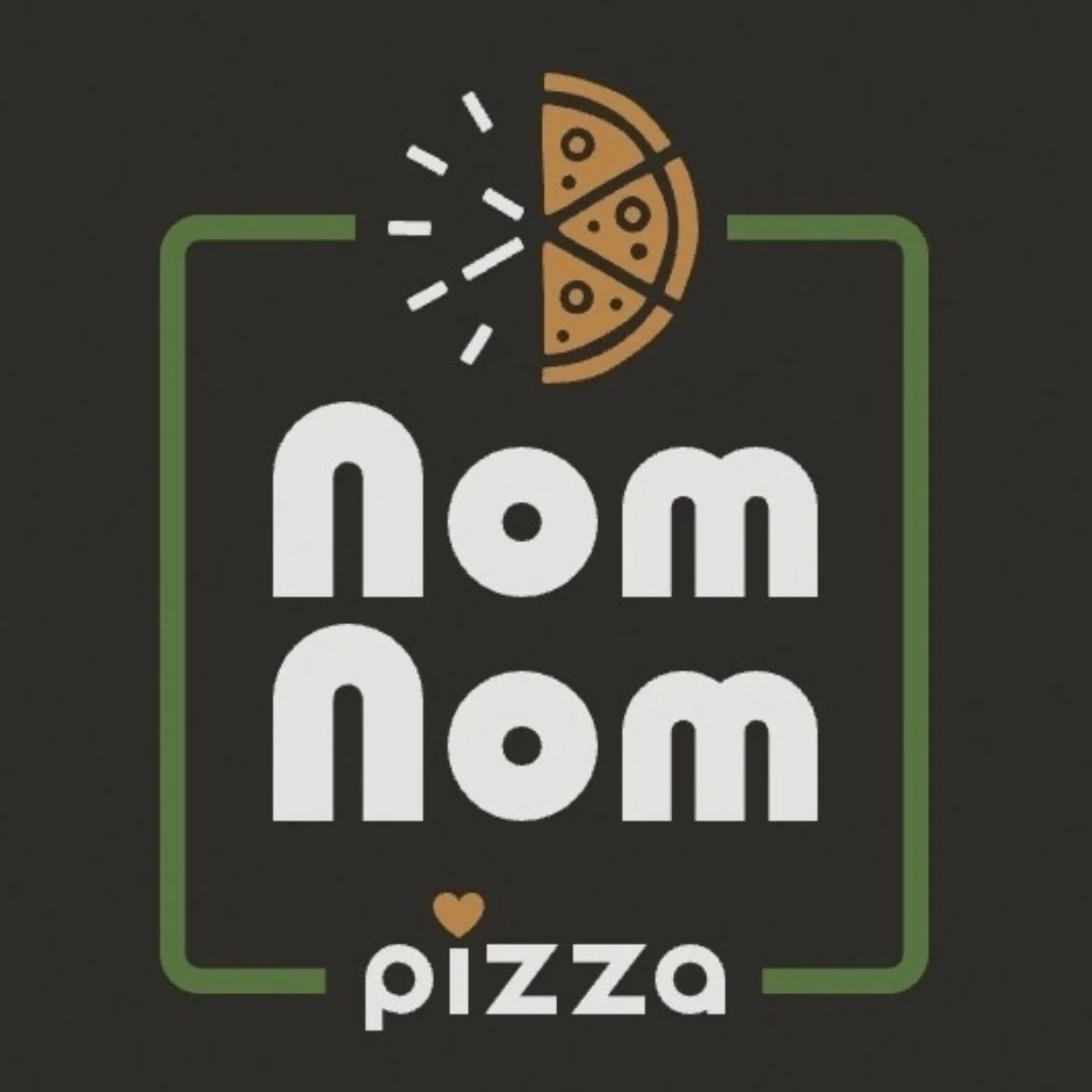 Logo for Nom Nom Pizza with a stylized pizza slice and the words 'Nom Nom' in bold, surrounded by a green square border, with 'pizza' text under with a heart as the dot over the i.
