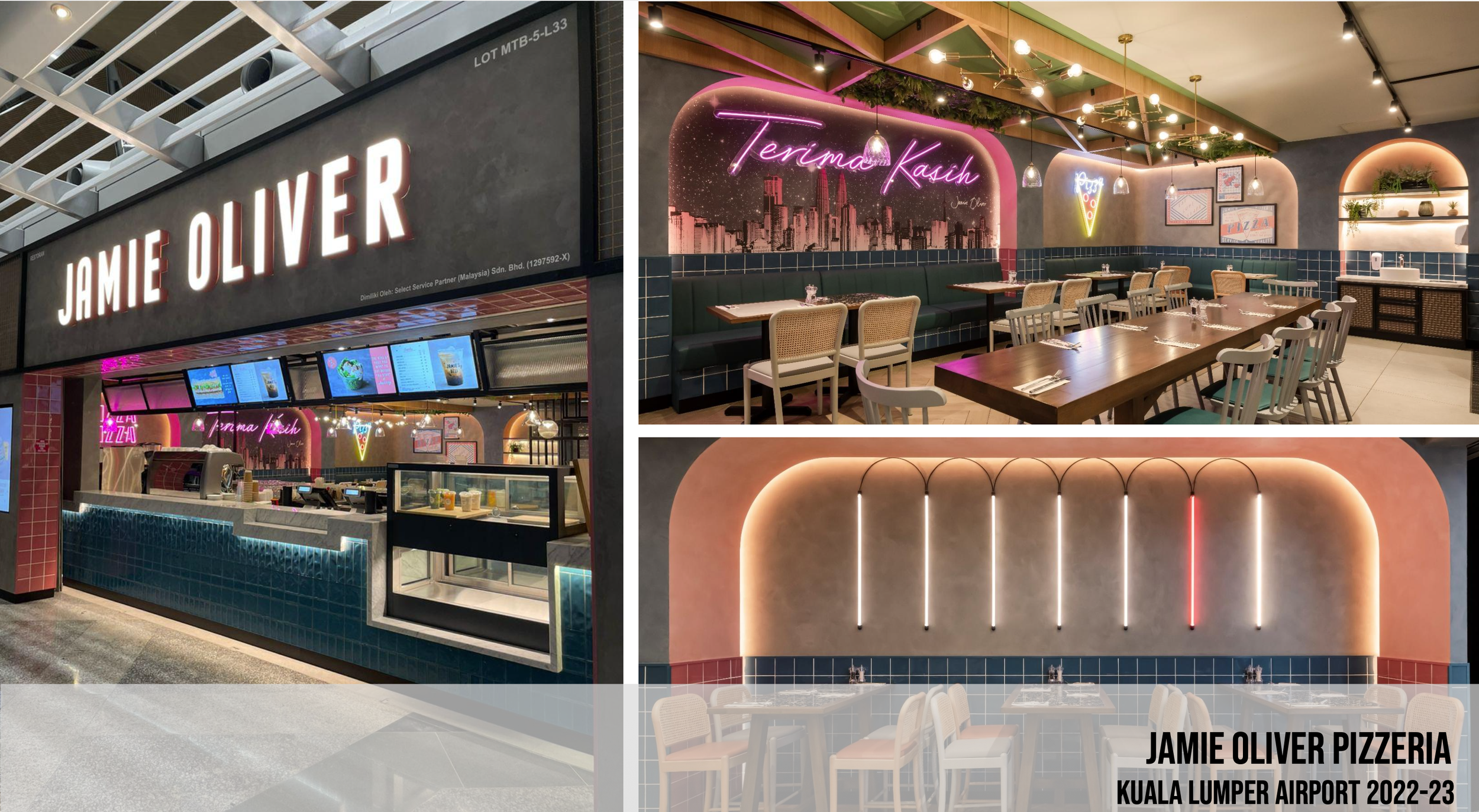 Collage of interior and exterior views of Jamie Oliver Pizzeria located at Kuala Lumpur Airport in 2022-23. Shows signage, seating area, decor, and counter at the pizzeria with neon signs and modern design.