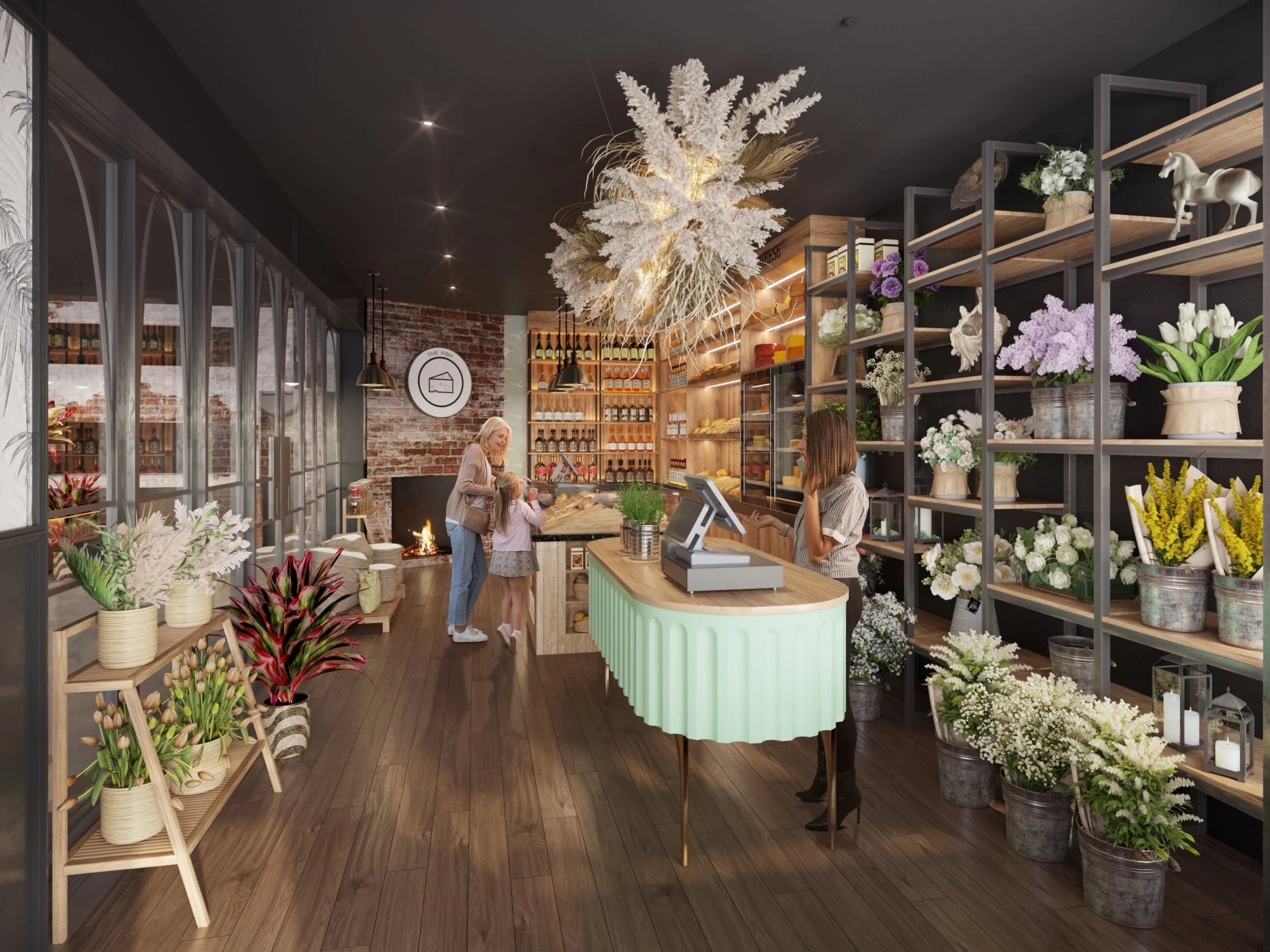 Interior of a flower shop with shelves of various flowers and decor, counter with a cash register, and customers shopping.