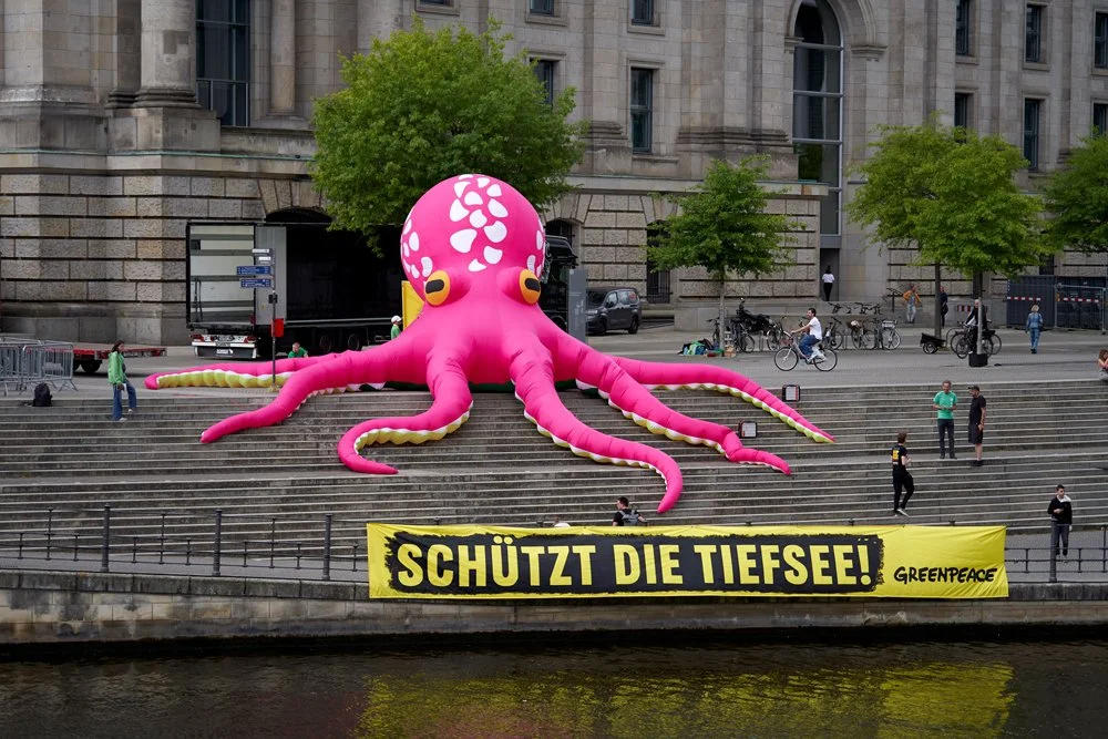 Große, pinke, aufblasbare Krake auf Treppen vor einem historischen Gebäude, mit einem Greenpeace-Transparent, das 'Schützt die Tiefsee' ruft.