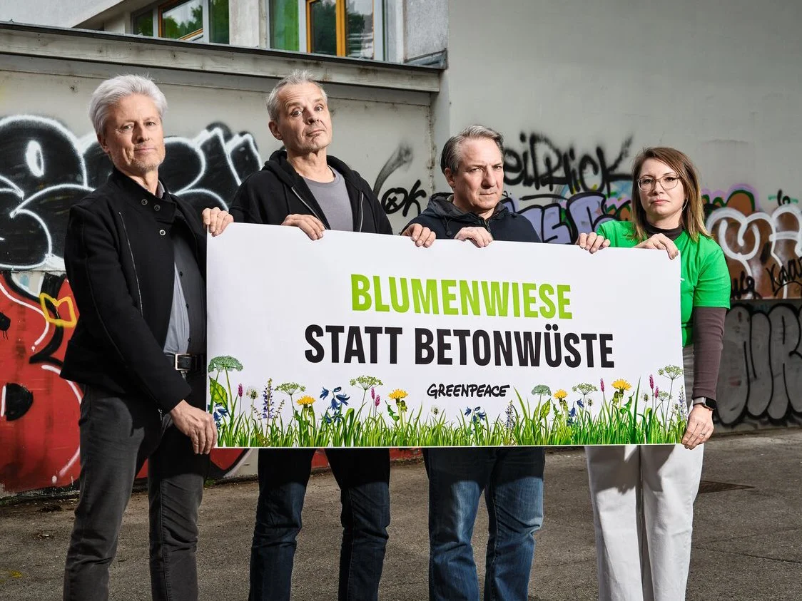 Vier Menschen halten ein großes Plakat mit der Aufschrift «Blumenwiese statt Betonwüste» vor einer Wand mit Graffiti. Das Plakat zeigt bunte Blumen und Gräser, Greenpeace-Logo.