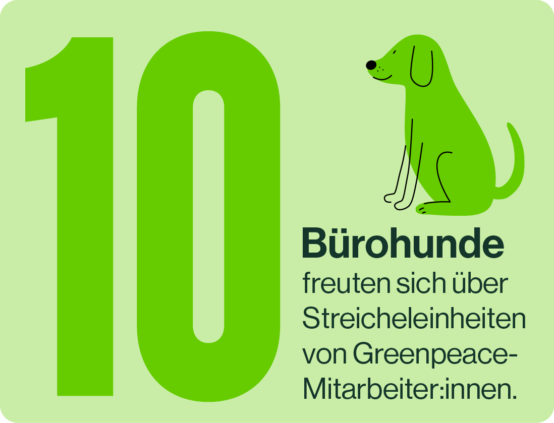 Große grüne Zahl 10 neben einem grafischen Hund, mit deutschem Text, der sagt, dass Bürohunde sich über Streichleinheiten von Greenpeace-Mitarbeitern freuen.