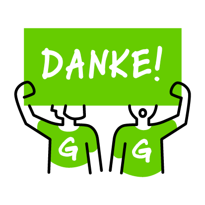Ein grünes Schild mit dem Wort 'Danke!' und darunter zwei grüne Hände, die eine Geste des Dankes zeigen.