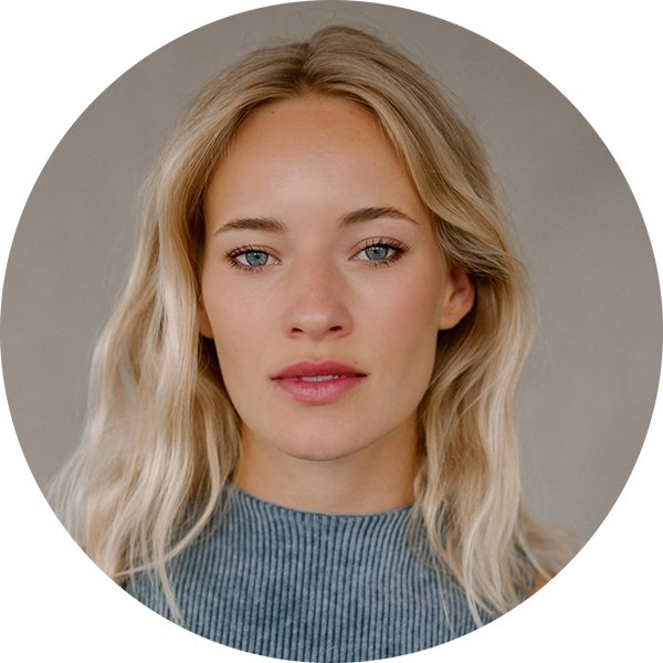 Junge Frau mit blonden Haaren, blauen Augen und einem grauen Pullover, frontal blickend.