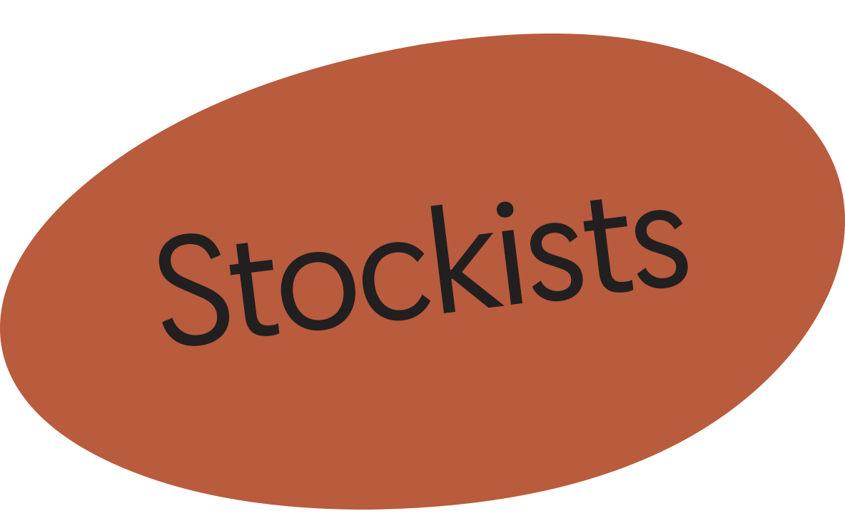Brown oval shape with the word 'Stockists' written in black text.