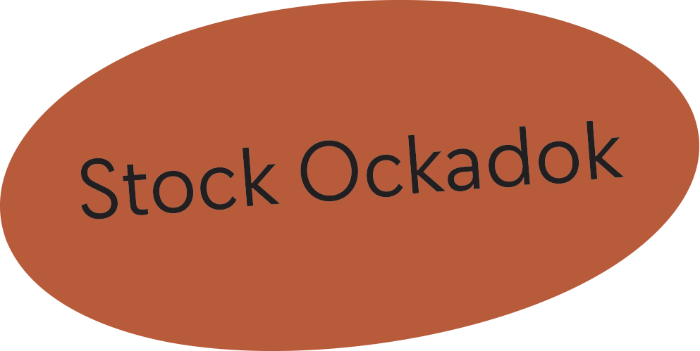 Brown speech bubble with black text saying "Stock Ockadok"