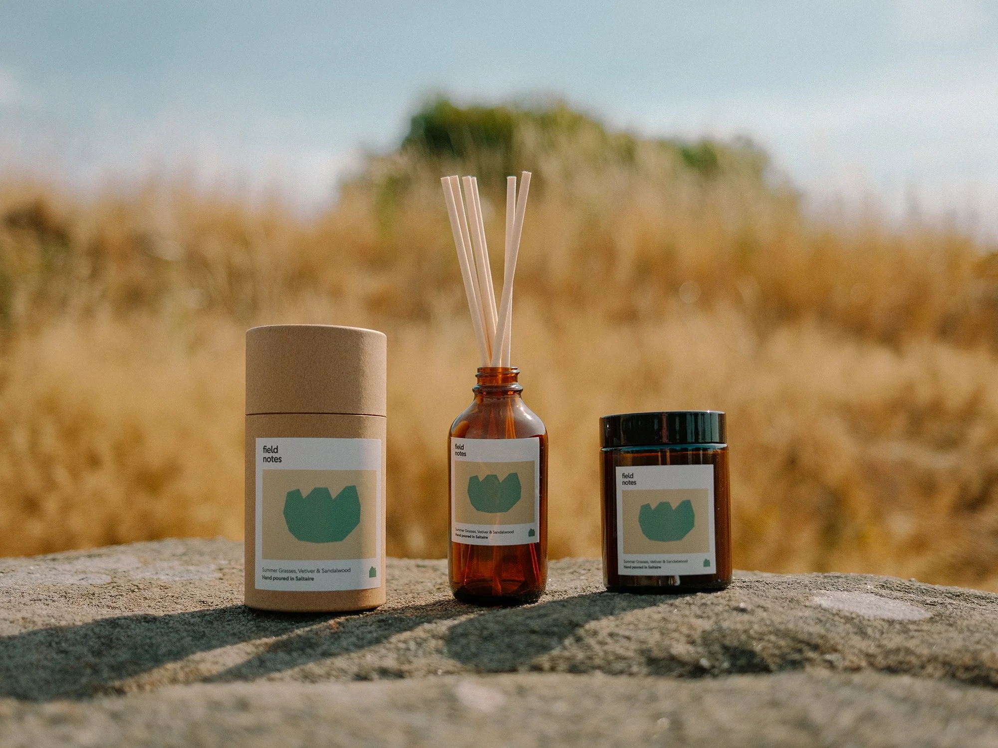 Three bottles of herbal infusion, labeled with a green leaf logo and the words 'field notes,' are placed on a concrete surface against a blurred background of trees and grass during sunset. The bottles contain herbs such as summer grasses, vetiver, and sandalwood.