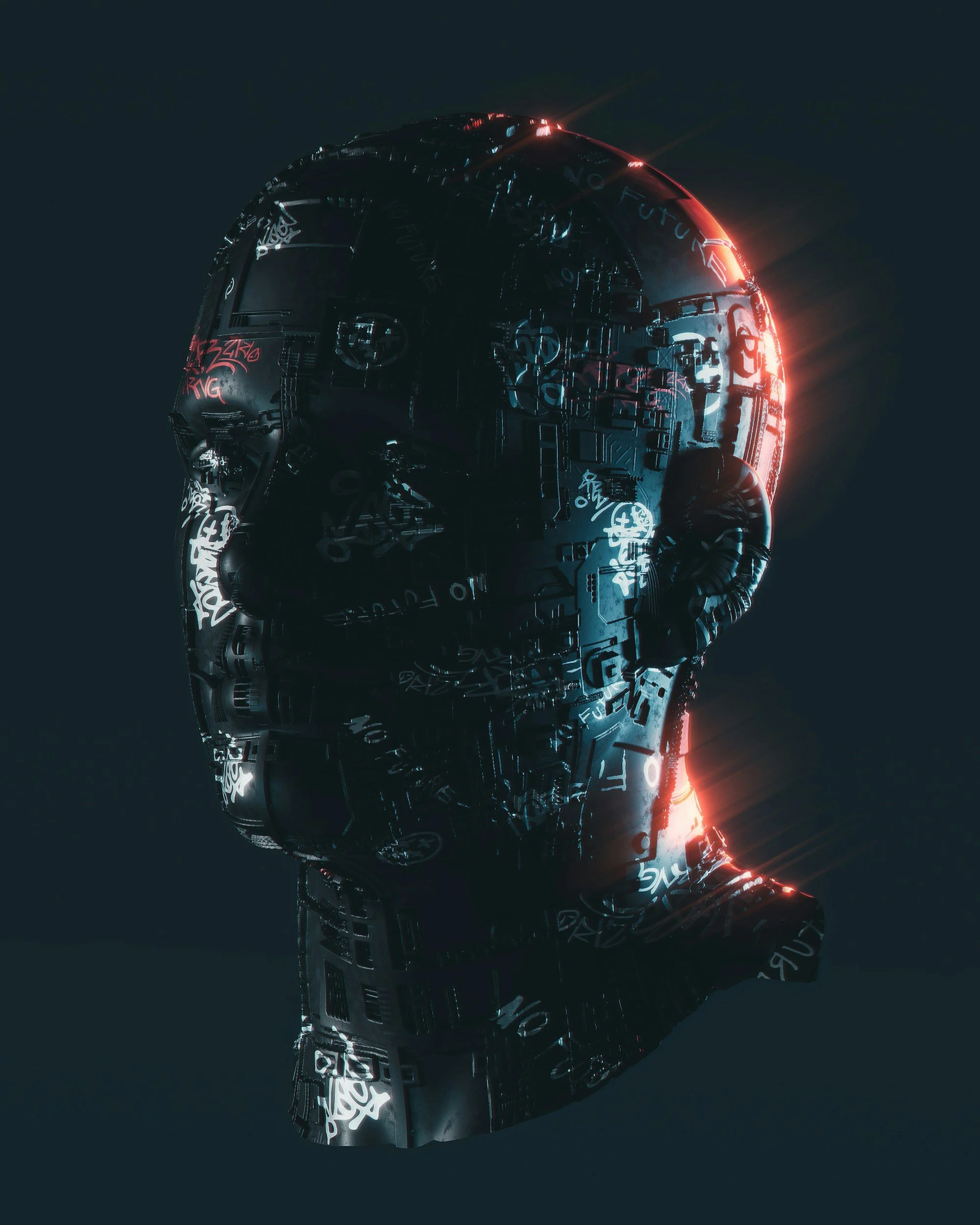 Digital artwork of a human head made of interconnected circuit-like patterns, glowing with red and blue highlights against a dark background.