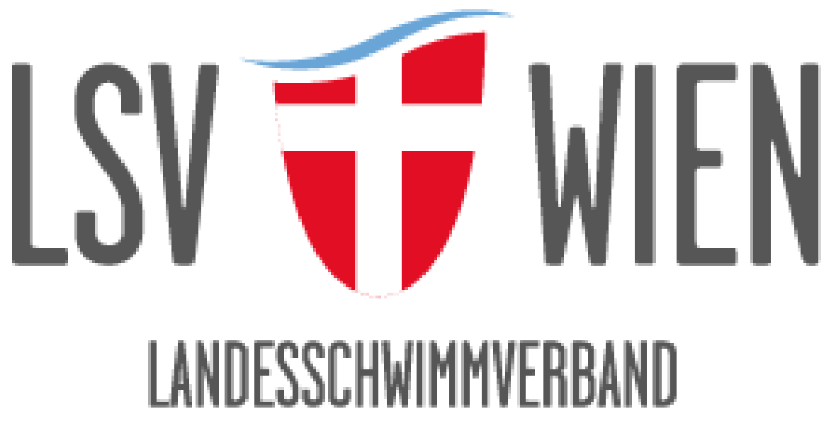 Das Logo des Landesschwimmverbandes Wien in Österreich, und einem roten Wappenschild mit weißen Kreuz.