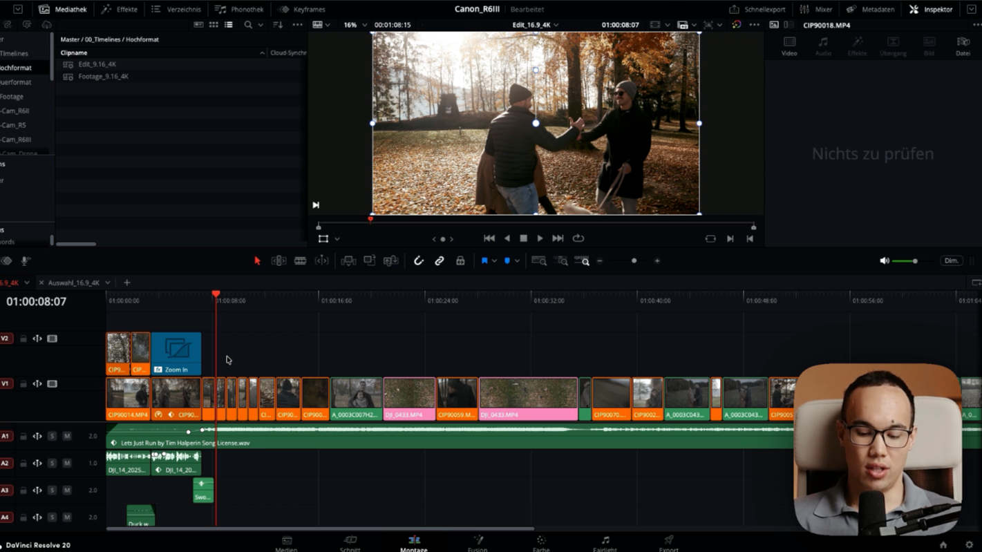 Ein Video-Editing-Programm DaVinci Resolve was ein Pärchen in einem Park im Herbst zeigt was ein anderes Pärchen begrüßt. Unten rechts ist ein Mann der über das Programm redet und es erklärt.