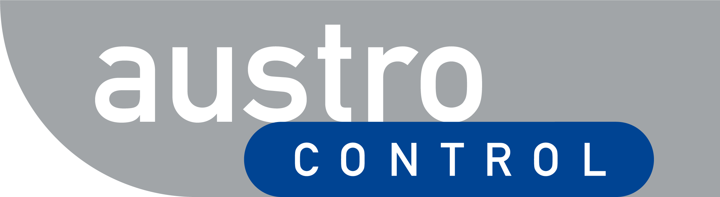 Logo des Unternehmens 'Austro Control' mit grau-weißer und blauer Schrift auf grauem Hintergrund, Luftfahrtüberwachung.