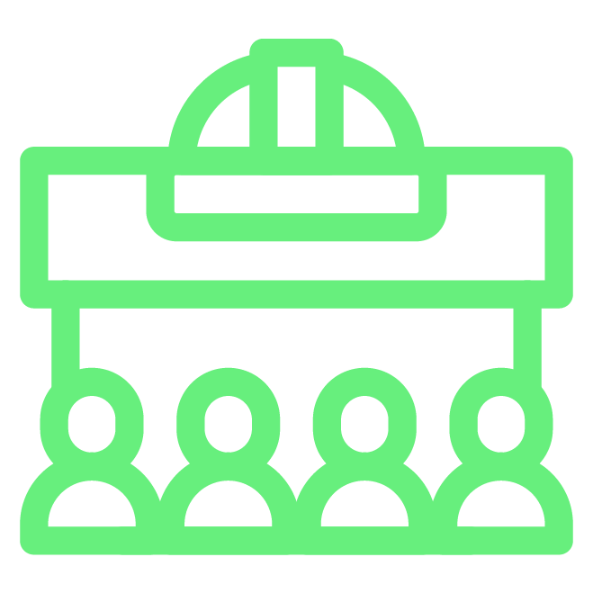 Green icon of a person at a podium addressing an audience.