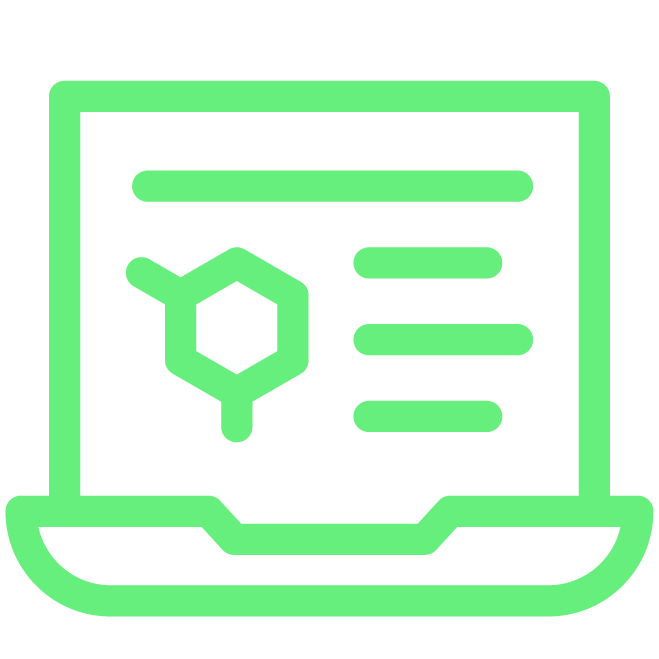 Green digital icon of a laptop displaying a chemical structure and text lines on the screen.