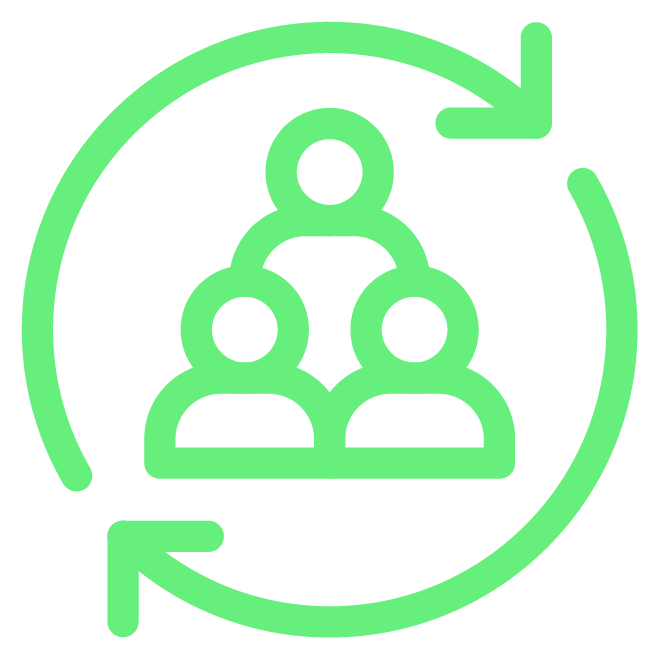 Icon of three people connected by two semicircular arrows, symbolizing teamwork or collaboration.