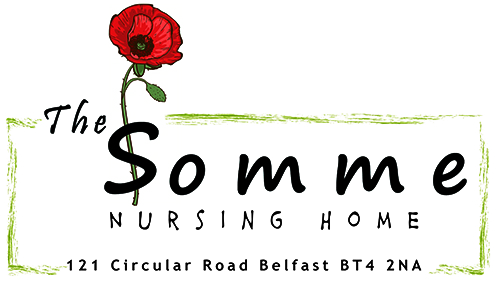 Logo for The Somme Nursing Home featuring a red poppy flower, green border, and address at 121 Circular Road Belfast BT4 2NA.