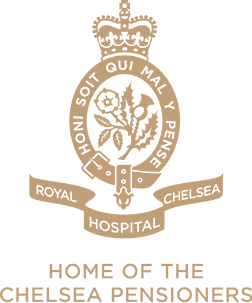 Emblem of the Chelsea Pensioners featuring a lion and crown, with inscription 'Honour Soit Qui Mal Y Pense' and banners 'Royal Hospital Chelsea' and 'Home of the Chelsea Pensioners'.