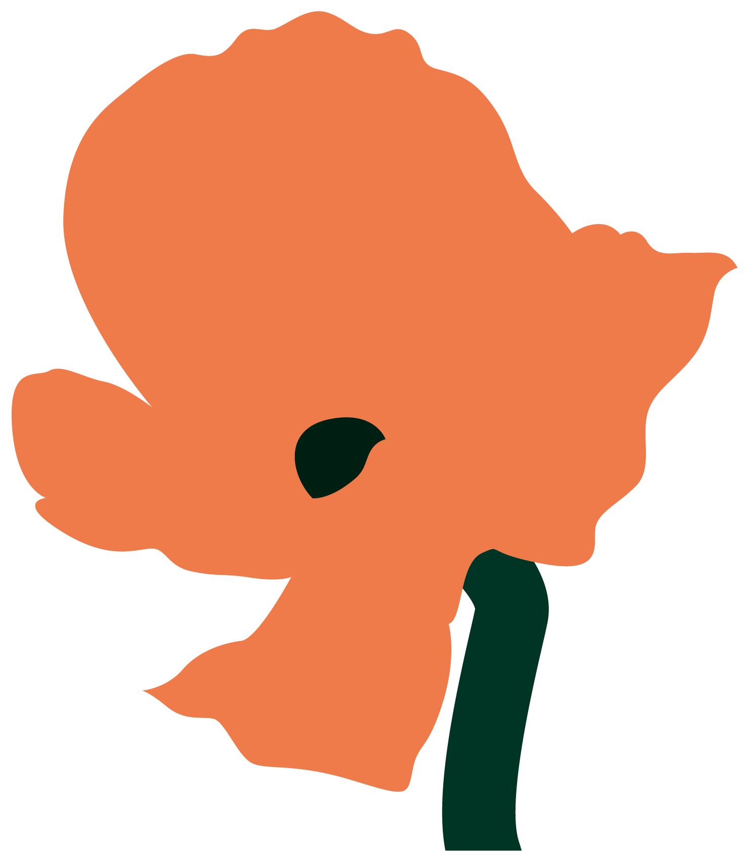 Illustration of an orange flower with a dark center and a green stem.