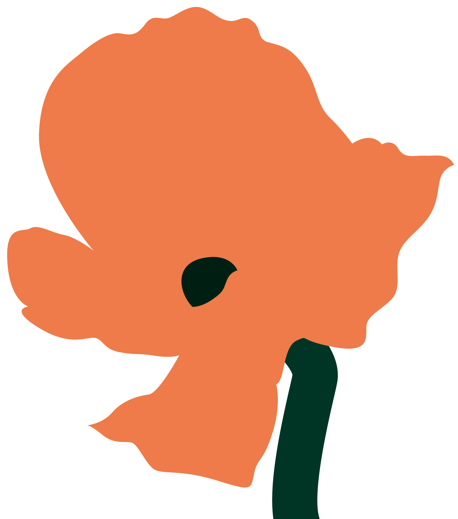 An abstract illustration of a flower with orange petals and a dark center on a dark stem.