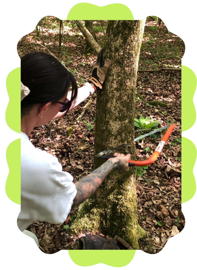 A person with tattoos, wearing sunglasses, gloves, and white clothing, is cutting down a tree in a forest with an orange saw.
