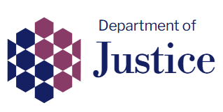 Logo of the Department of Justice with a geometric emblem and text