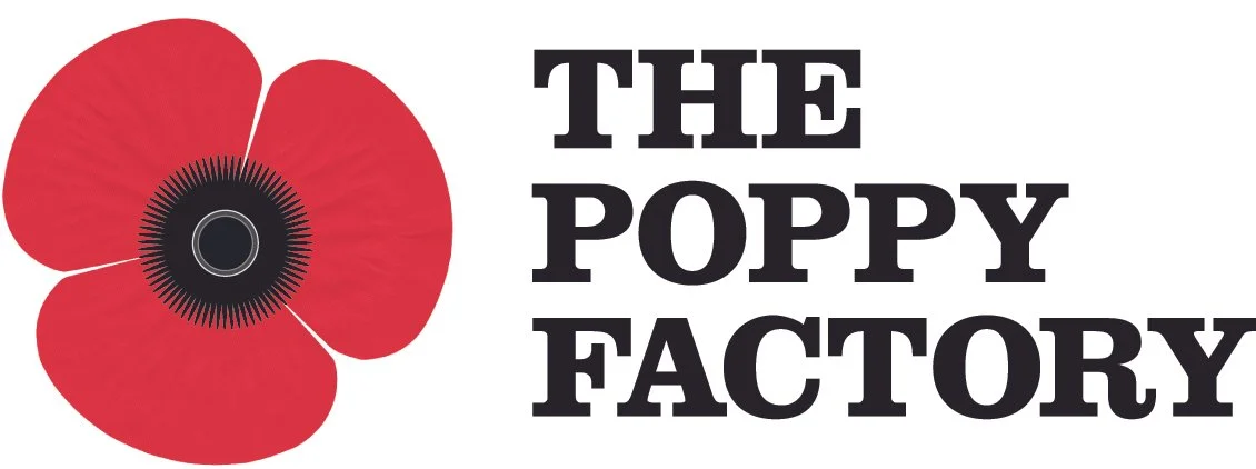 Logo of The Poppy Factory featuring a red poppy flower and the company name in bold black letters.