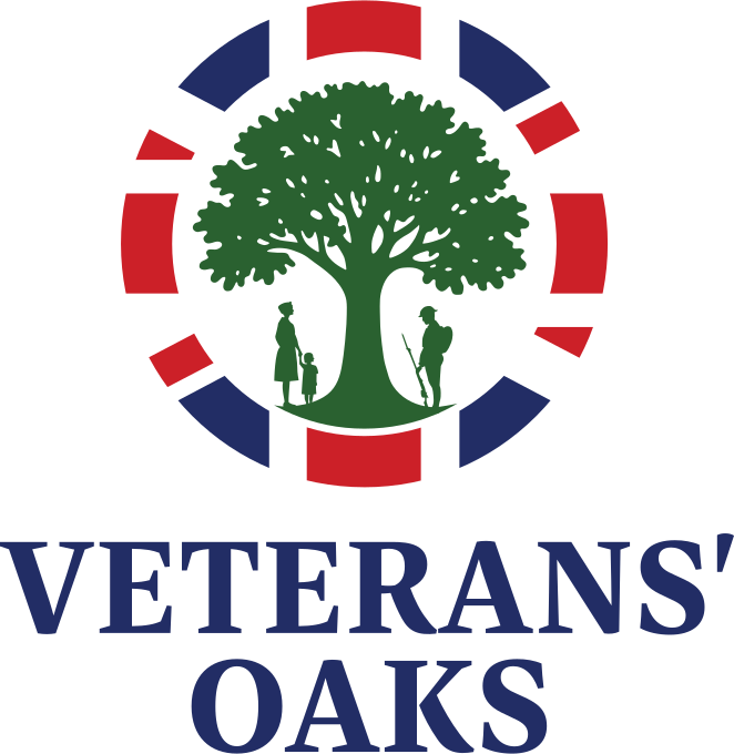 A logo for Veterans' Oaks featuring a large green tree with two veterans, one with a cane, standing beneath it, surrounded by a circular red, white, and blue border, with the words "VETERANS' OAKS" written below in blue.