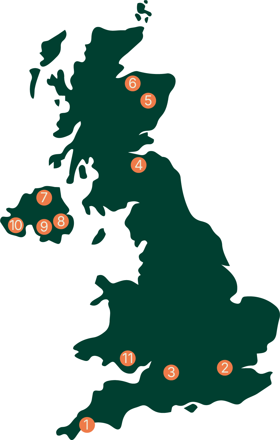 A map of the United Kingdom with numbered locations marked in orange circles.