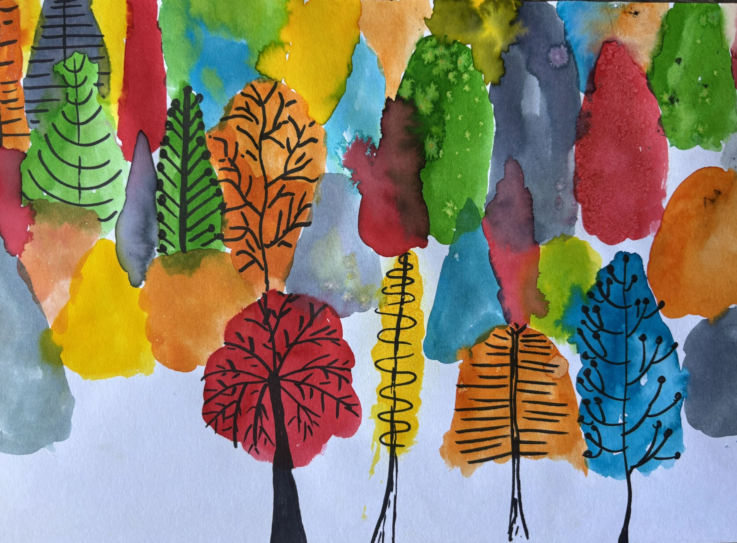 Watercolor painting of colorful trees in various shapes and sizes, with black outlined trunks and branches, using vibrant colors like red, green, yellow, blue, orange, and purple.