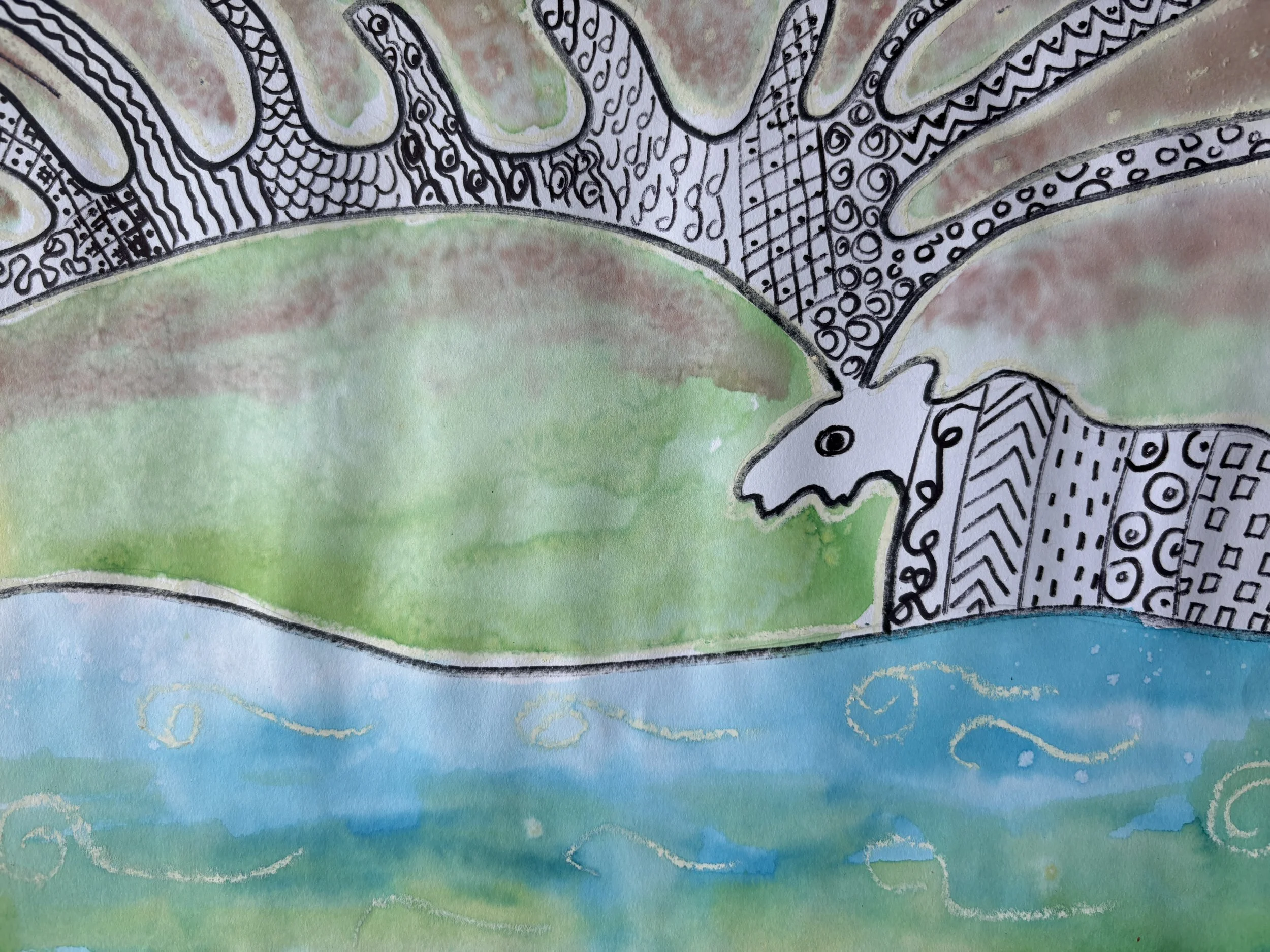 A colorful drawing of a dragon with intricate black patterns on its body, green and brown surroundings, and blue water below.