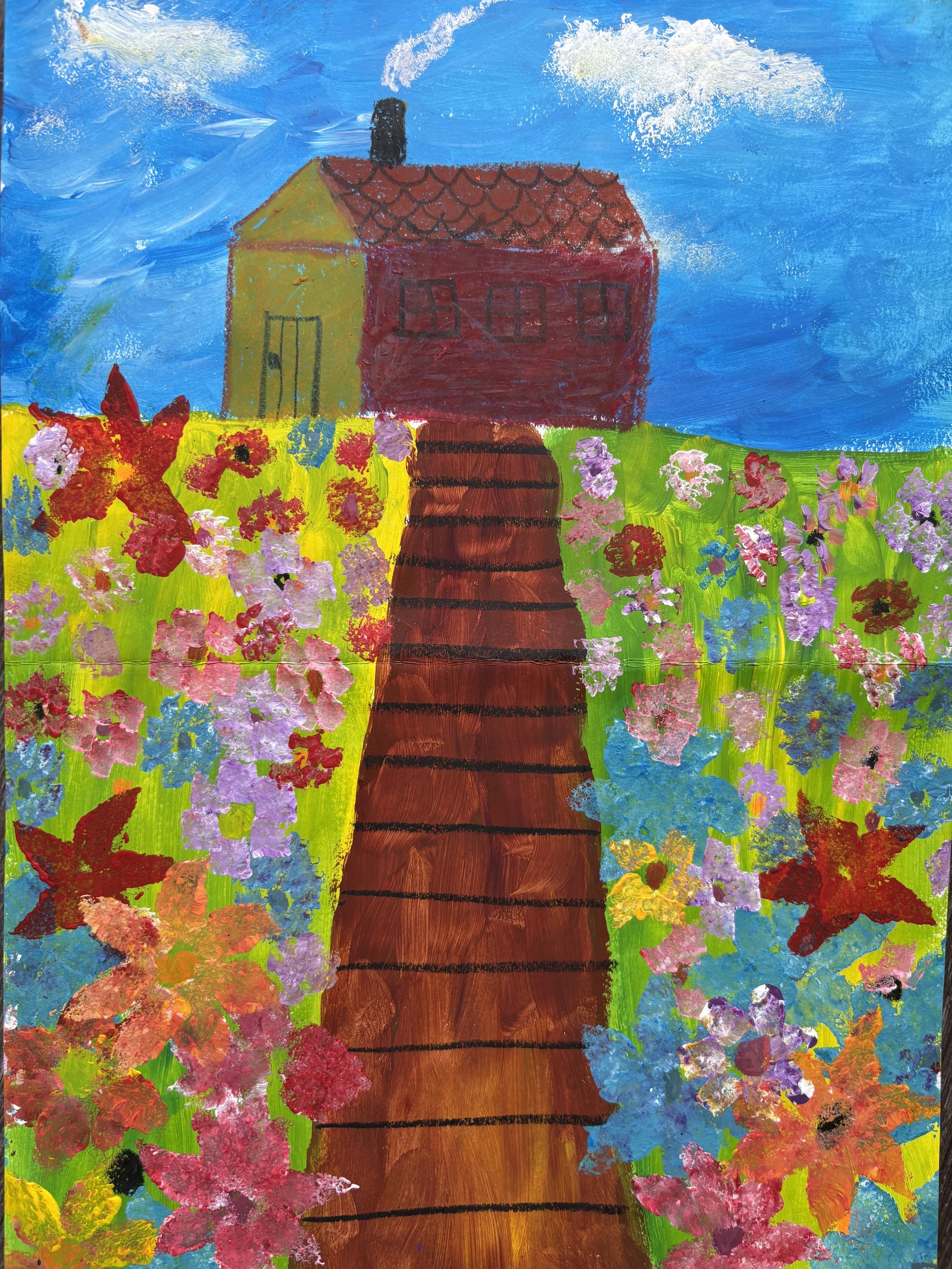 Children's colorful painting depicting a house with a red roof, a chimney, and a yellow wall, surrounded by vibrant flower gardens on either side, under a blue sky with white clouds.