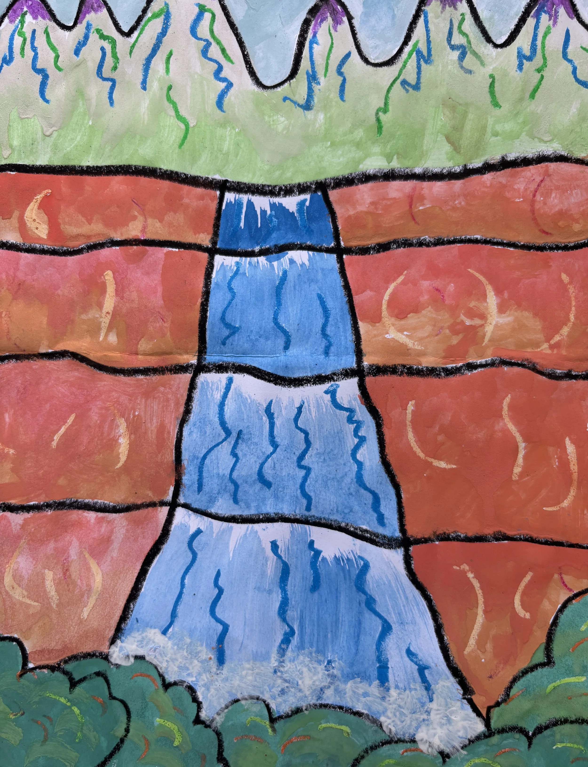 Colorful drawing of a waterfall flowing over rocks into a pond, with green bushes and trees in the foreground and mountains in the background.