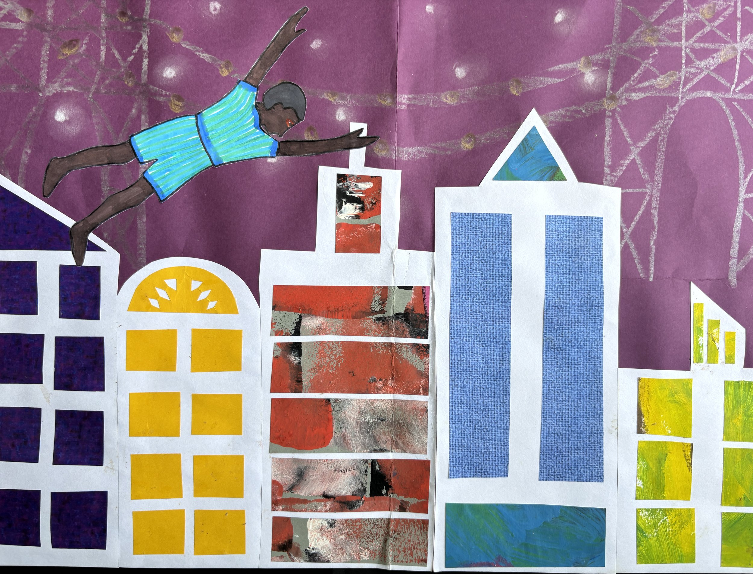 An artistic collage of a city skyline with colorful buildings and a purple background, featuring a paper cutout of a person in a striped blue shirt reaching out.