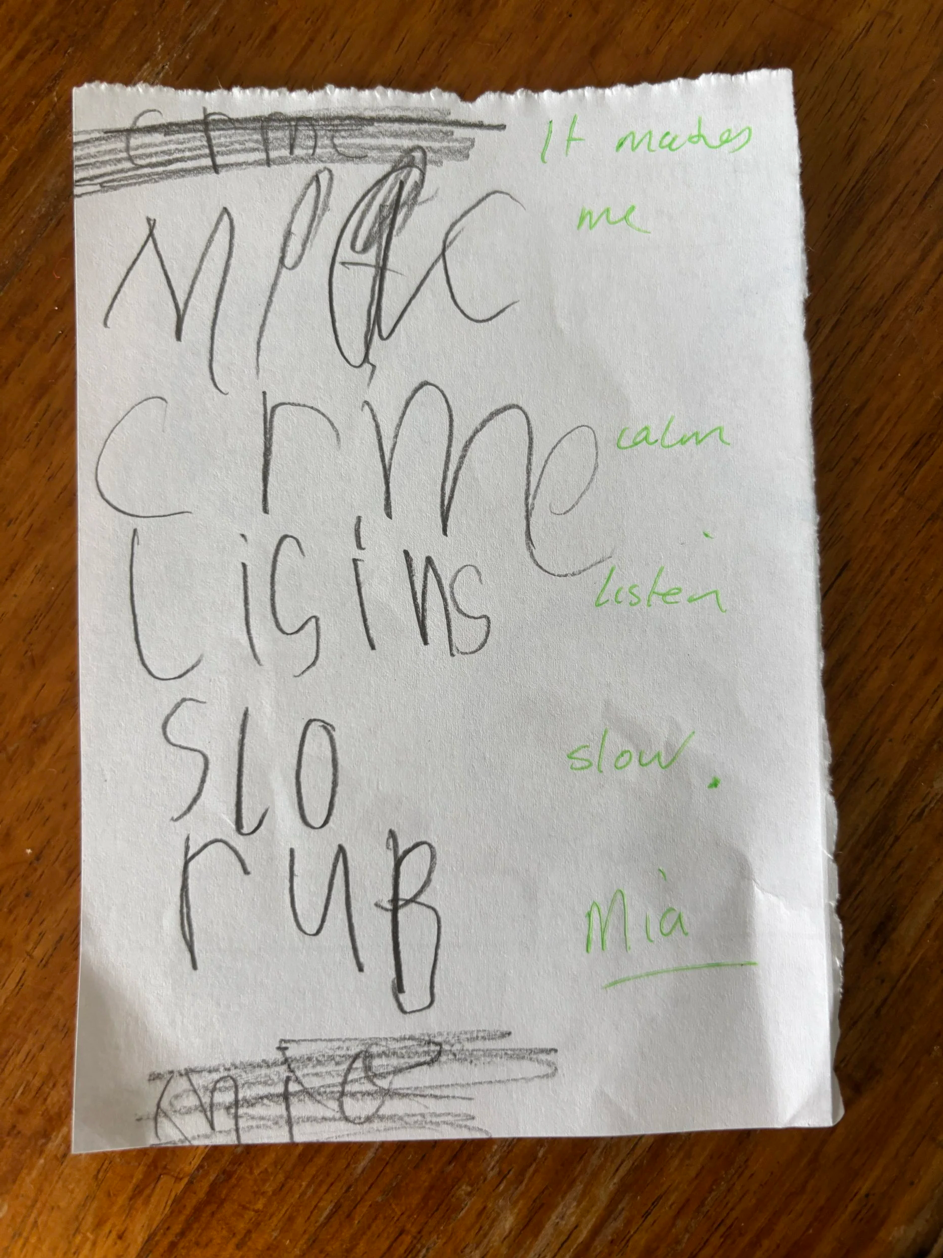 It makes me calm, listen, slow. Mia. Age 6