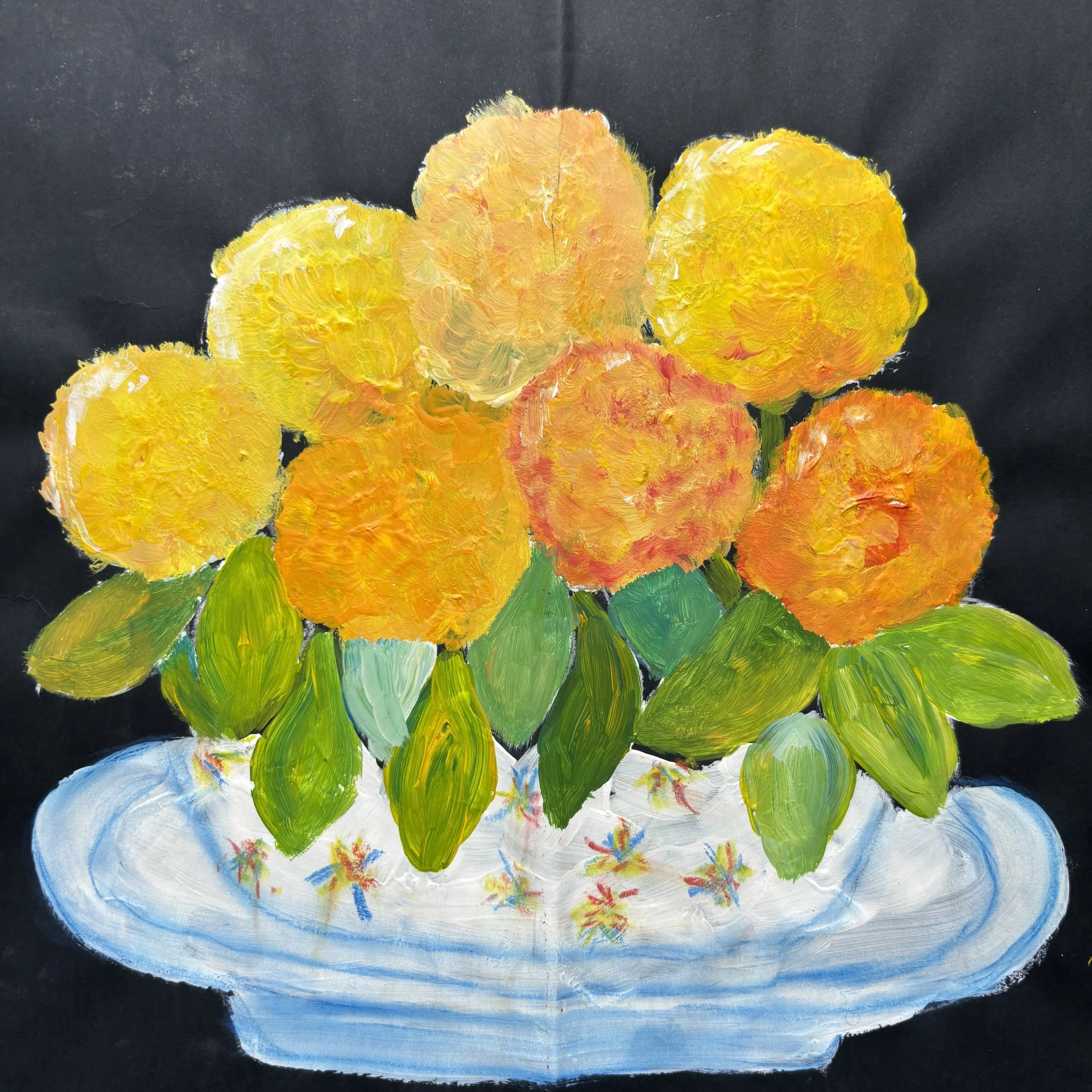 Painting of a bouquet of yellow and orange flowers in a blue and white vase on a black background.