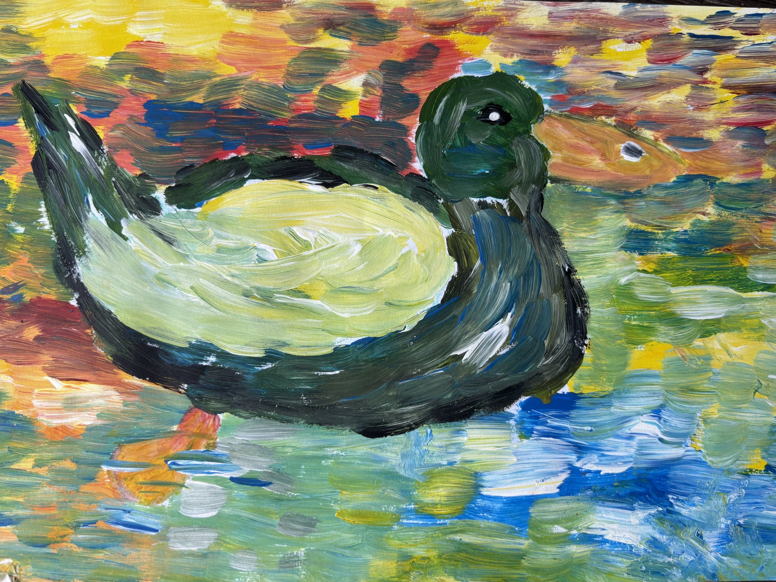Impressionist painting of a duck swimming in a pond with colorful reflections of foliage.