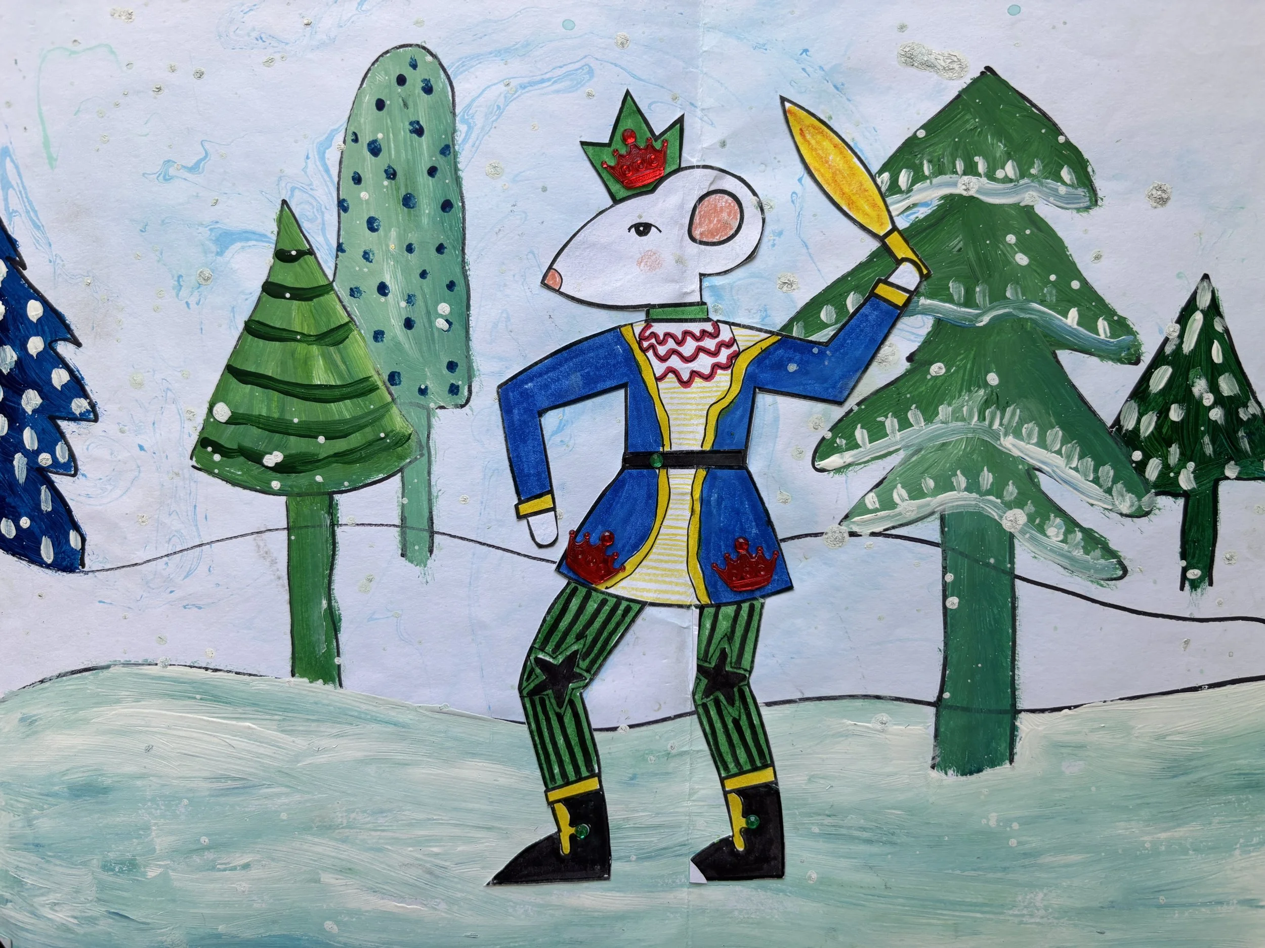 A colorful drawing of a mouse dressed as a prince, holding a yellow sword, standing on snow in front of pine trees under a cloudy sky.