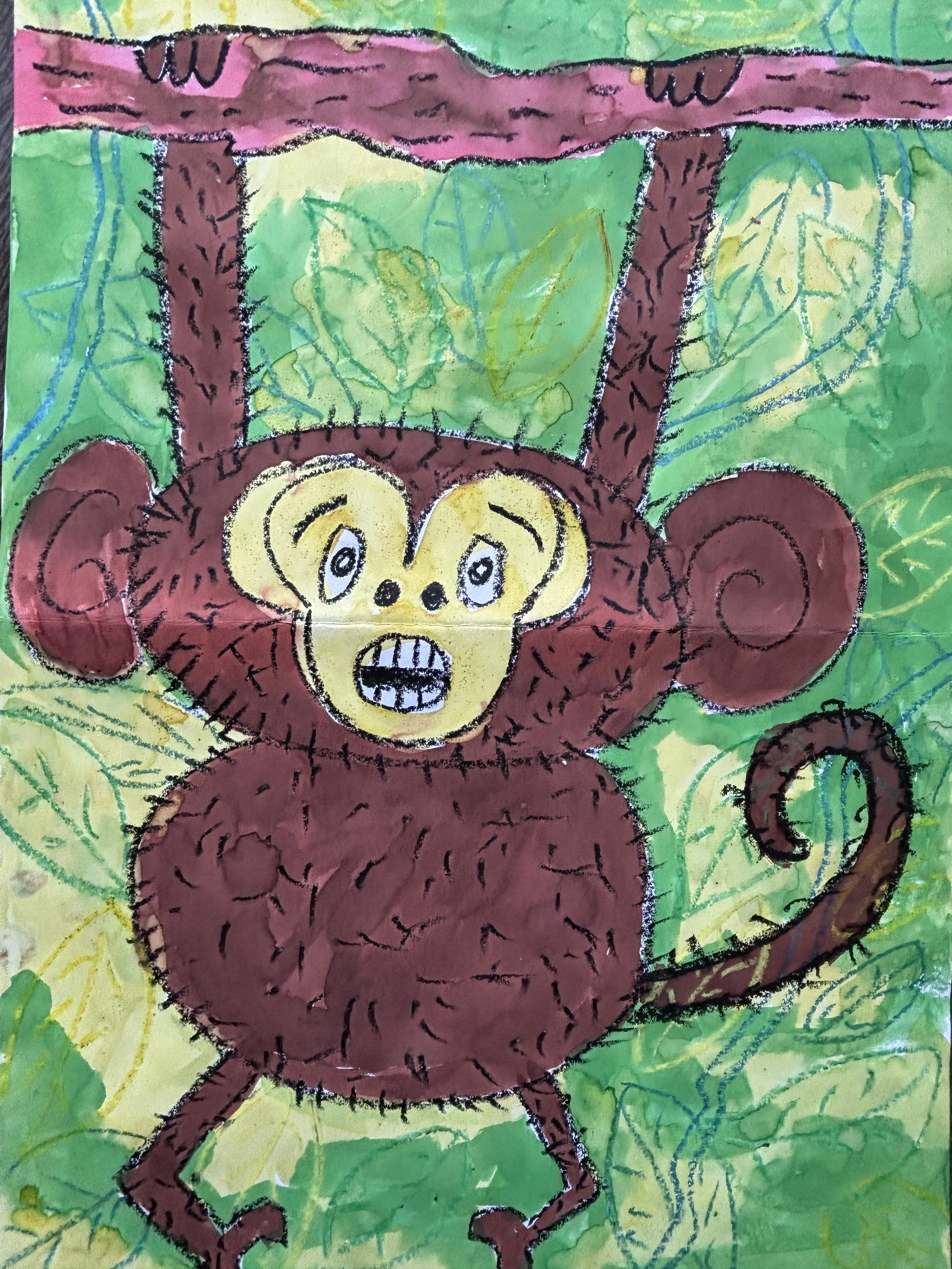 Drawing of a monkey with a surprised expression, hanging from a branch in a jungle surrounded by green leaves.
