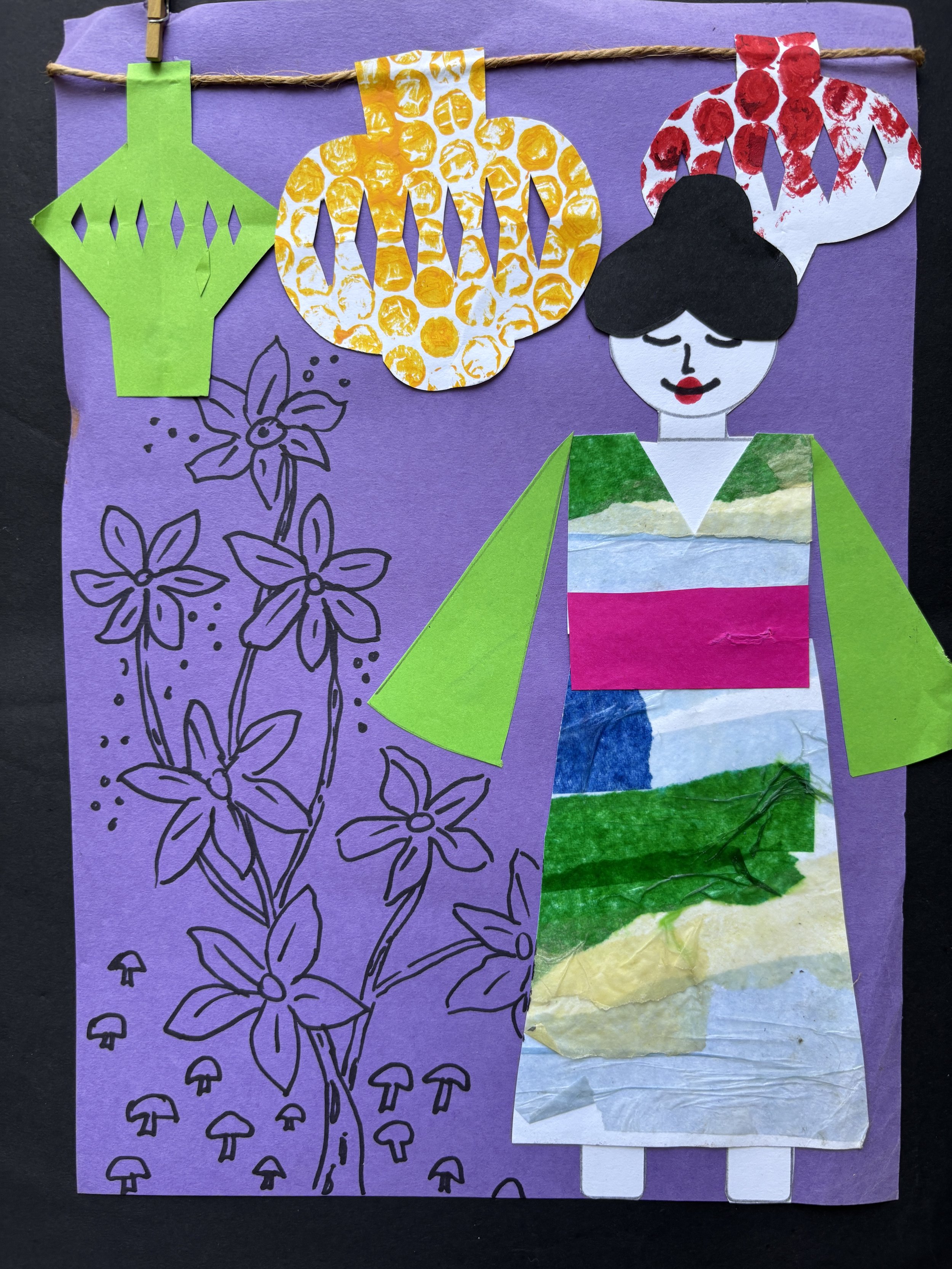 A colorful collage artwork on purple paper features a stylized woman wearing a striped dress made of torn paper and green paper sleeves, with her face drawn with simple lines and red lipstick. She has an elaborate red and white patterned hairstyle. T