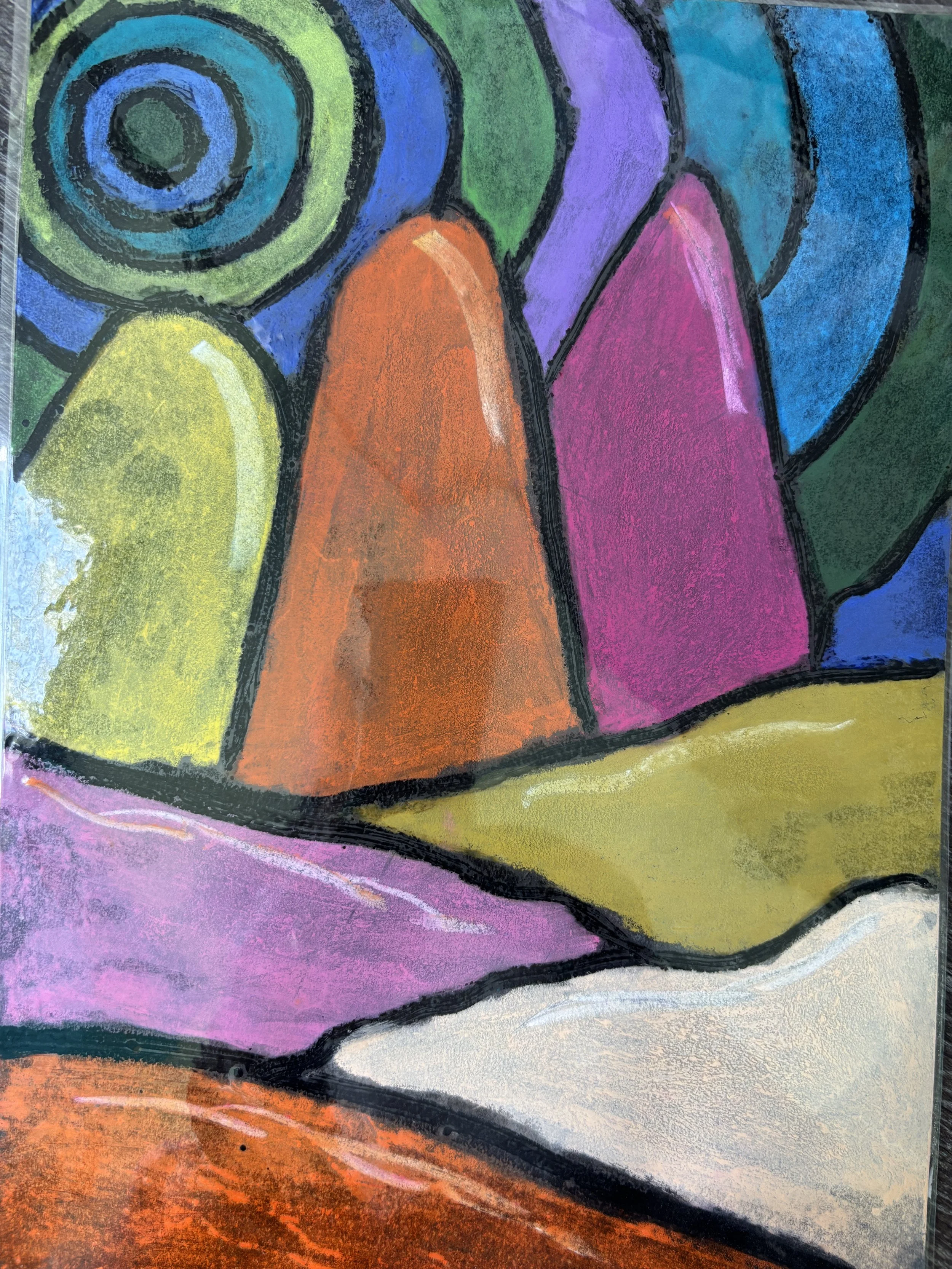 Colorful abstract landscape with mountains in pink, yellow, green, orange, purple, and blue hues, outlined in black.