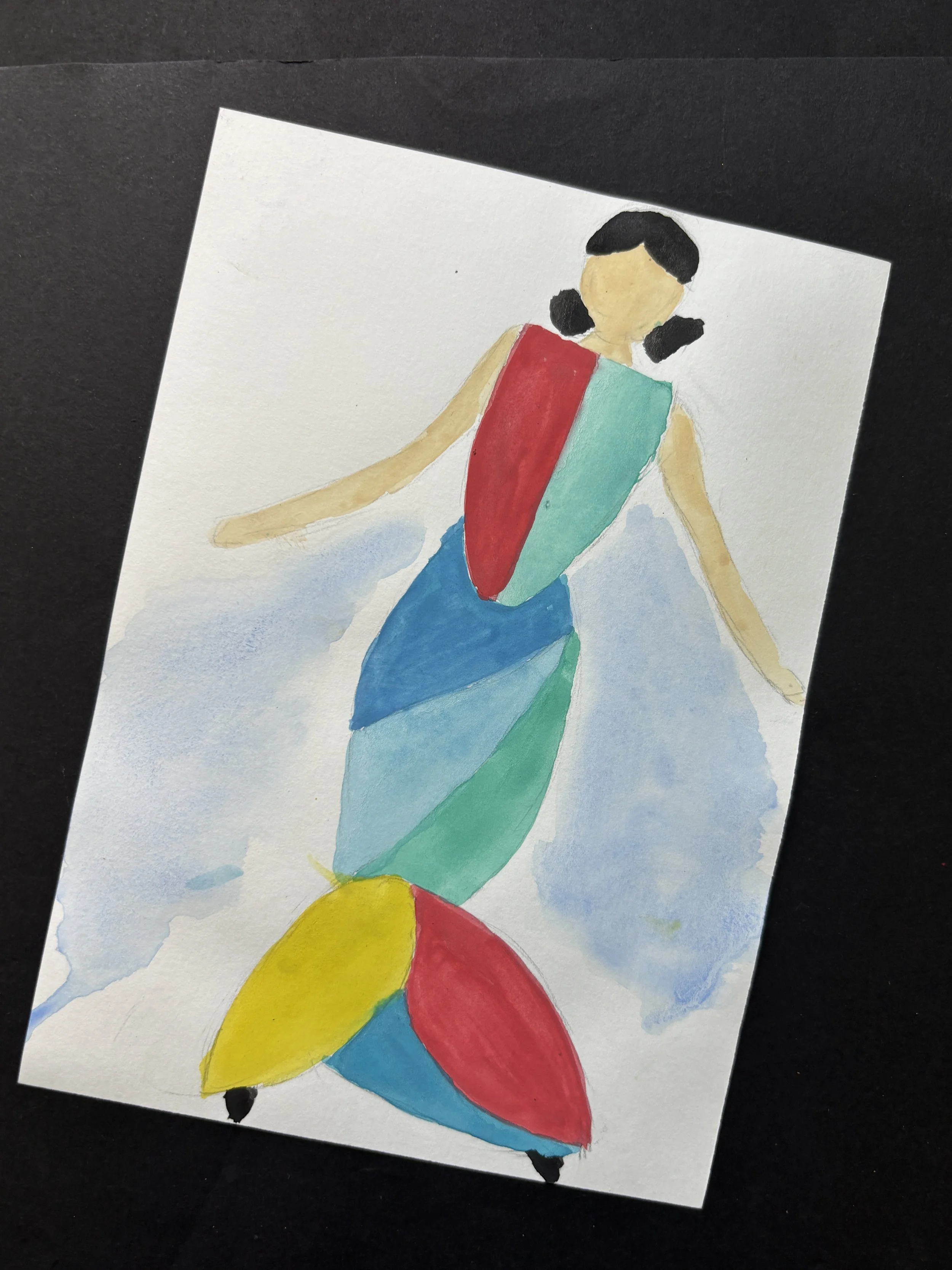 Watercolor painting of a woman wearing a colorful dress with a modern abstract style, with black hair styled in pigtails, set against a white background.