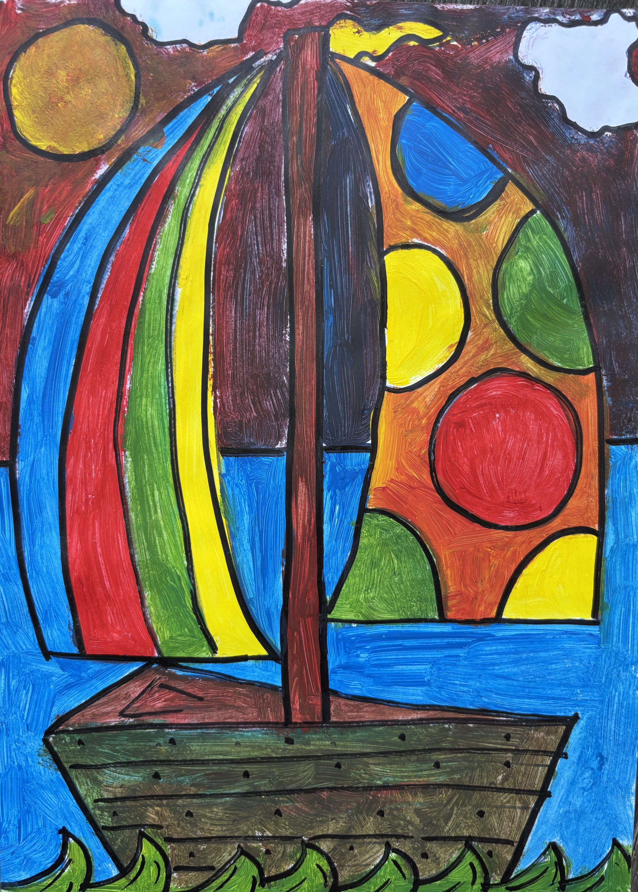 Colorful abstract drawing of a sailboat on water with a sunny sky and colorful clouds in the background.